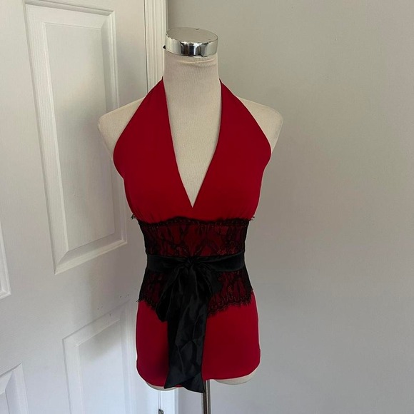 VINTAGE RED AND BLACK ARDEN B LACE HALTER NECK TOP - Picture 1 of 6